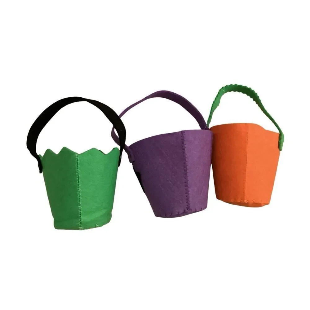 Lot Of 3 Felt Trick Or Treat Buckets Halloween Spooky Holiday Container Decor